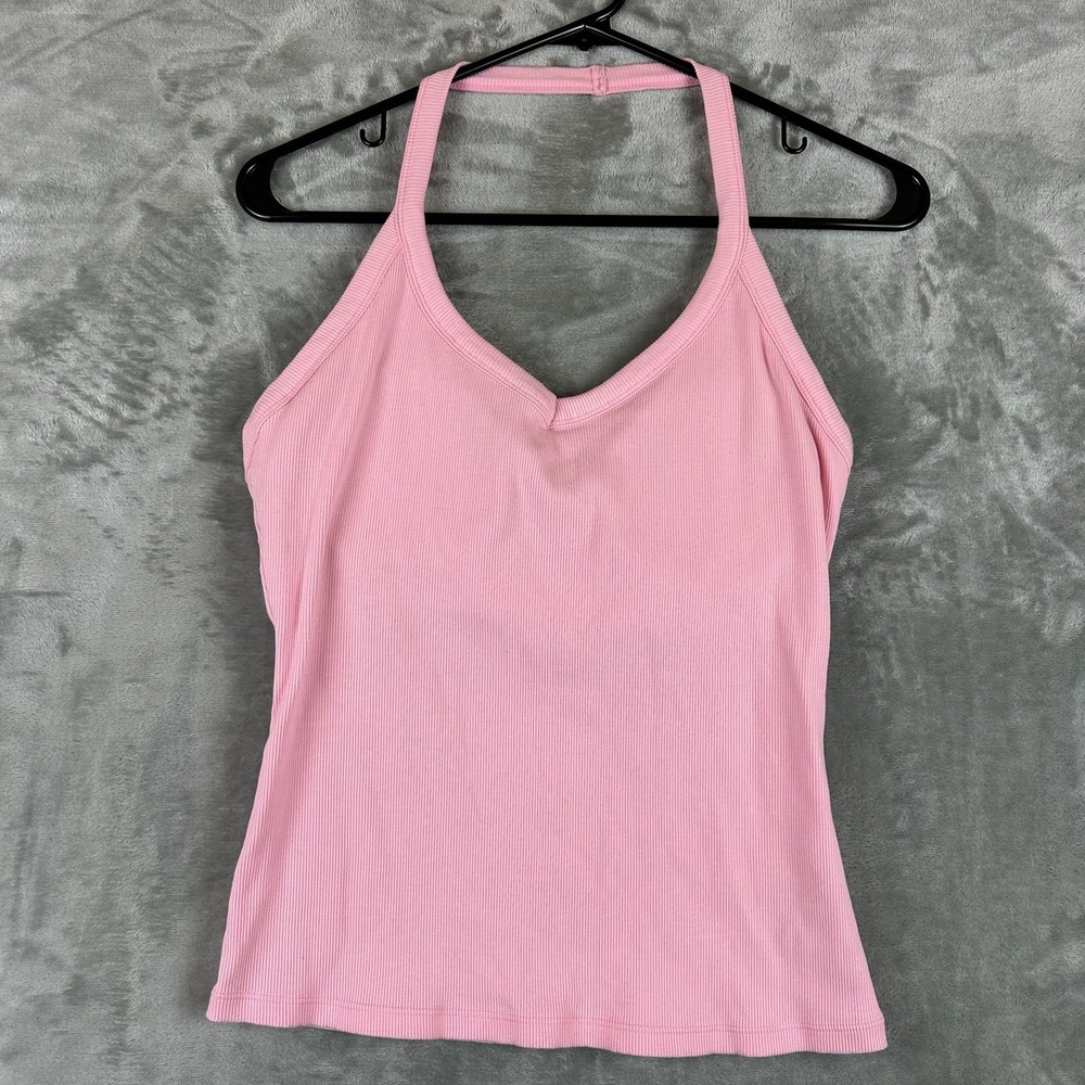 Ribbed Knit Halter Tank Top Women's M Pink V-Neck